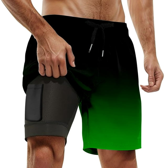 Men's Gradient Printed Double Layer Beach Pants - Polyester/Spandex Blend, Compression Liner, Drawstring Waist, Beach/Swimming/Surfing, Plus Size Available