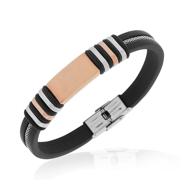 Stainless Steel Black Rubber Silicone Rose Gold-Tone Mens Bracelet, 8"