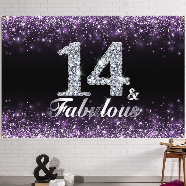 Hamigar Fondo De Pancarta De Feliz Cumpleaños Número 14 De 6 X 4 Pies, 14 Y Fabulosas Decoraciones De Cumpleaños, Suministros Para Fiestas Para Niñas, Color Morado