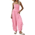 thumbnail image 2 of Womens Casual Jumpsuits Summer Halter Straps Sleeveless Overalls Ruched Barrel Wide Leg Side-Cinch Long Pant Rompers Spring Summer & Autumn Trendy Vacation Womens Suits Pink M, 2 of 7