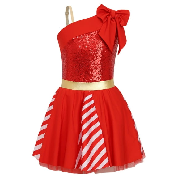 Miutii Kids Girls Candy Cane Dress Christmas Dance Dress One Shoulder Bowknot Sequins Ballet Tutu Dress Clothes Red 6