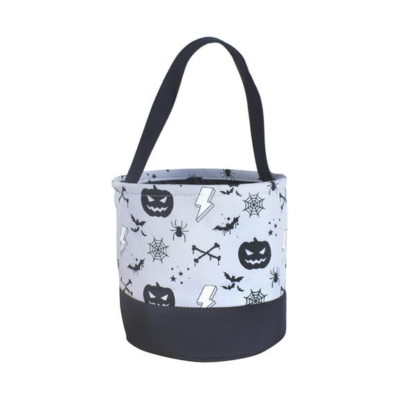 Halloween Trick or Treat Bucket with Spooky Pumpkin, Bat, Spider, and Lightning Print – Durable Fabric Candy Bag