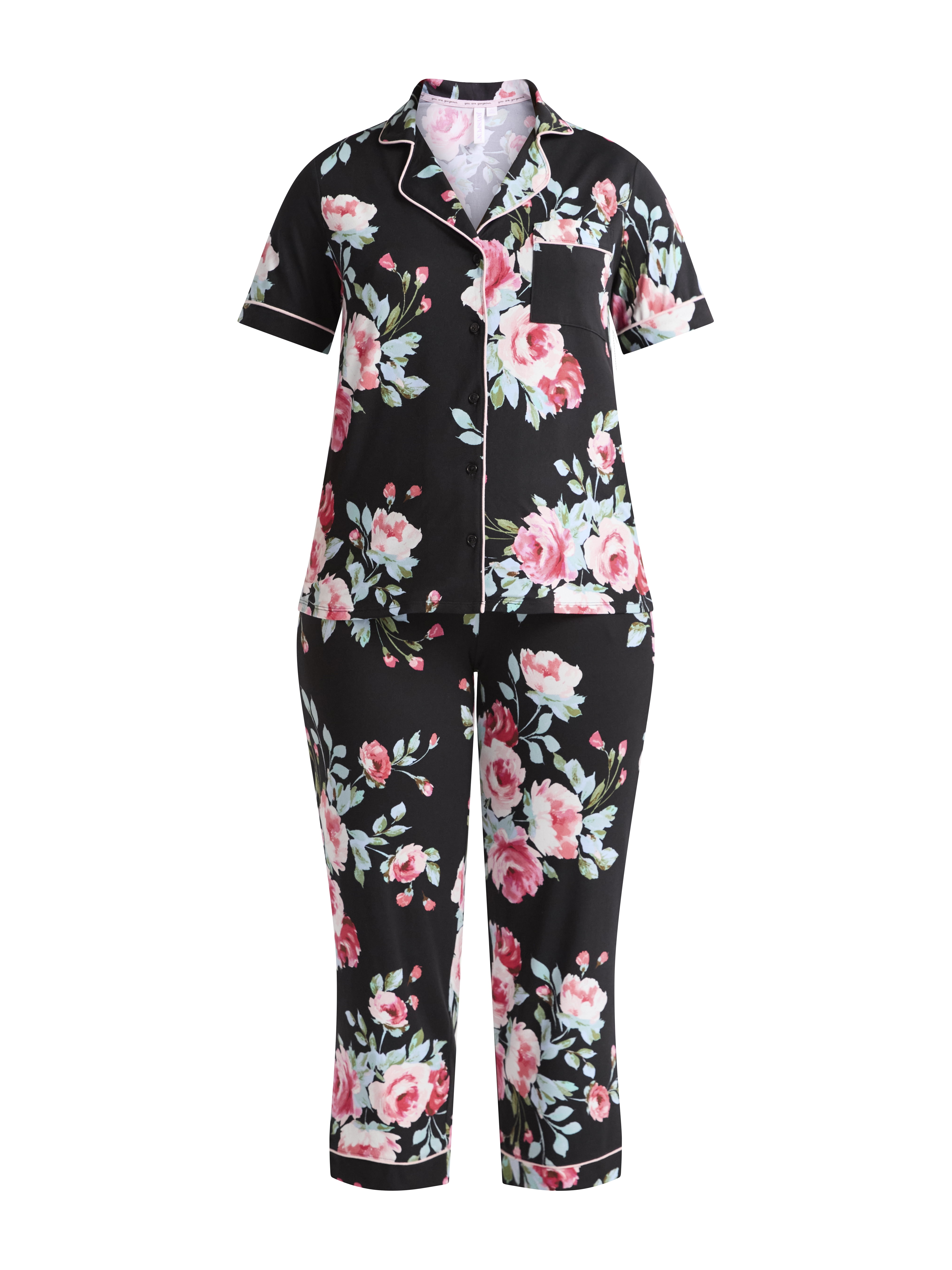 Joyspun Women's Dreamy Soft Collection Notch Collar Short Sleeve Knit Top & Capri Pajama Set, 2-Piece, Sizes XS-3X