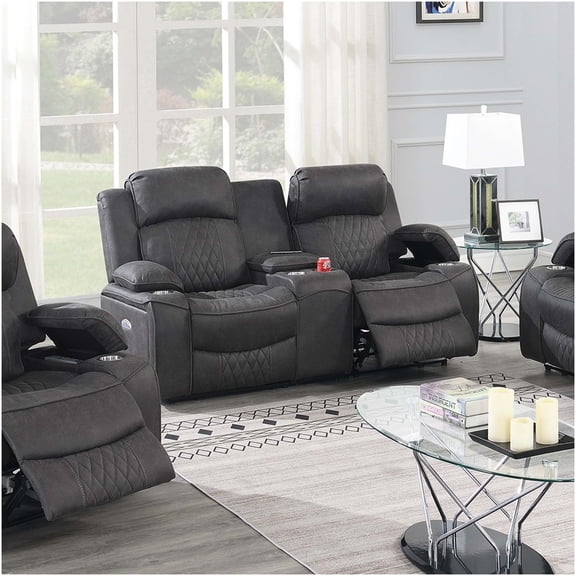 Power Motion Loveseat in Charcoal with Wireless Charging, USB Ports, and Cup Holders, Contemporary Leatherette Recliner Sofa