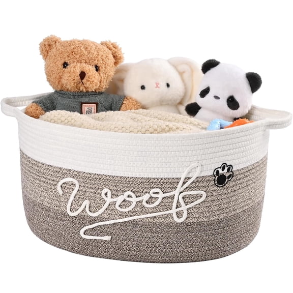 Natubeau 30L Cotton Rope Storage Basket with Handles, WOOF & Paw Print Decor, Foldable Organizer for Cat Dog Toys Blankets Chews Supplies, 17"x12"x9", Brown