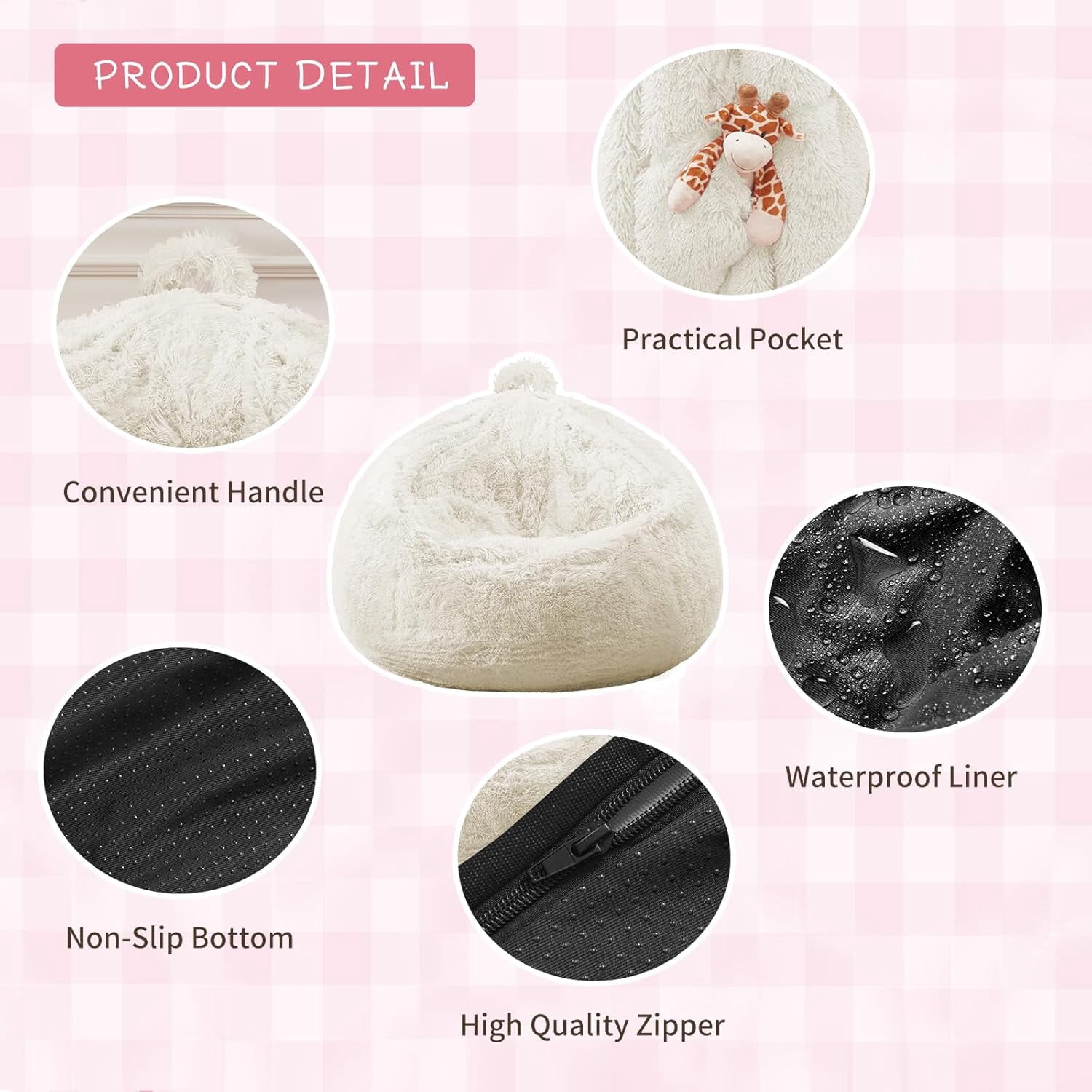 General Bean Bag Cover (No Filler), Stuffed Animal Storage Bean Bag Covers for Kids, Soft Faux Fur Washable Cover with Pocket Handle, Comfy Fluffy Beanbag for Organizing Plush Toys, 27"x21" Beige