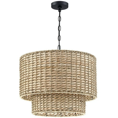 

TRUE FINE Lennie 20 in. 4-Light Rattan Tiered Drum Chandelier Light with Black Canopy - 20 in. W