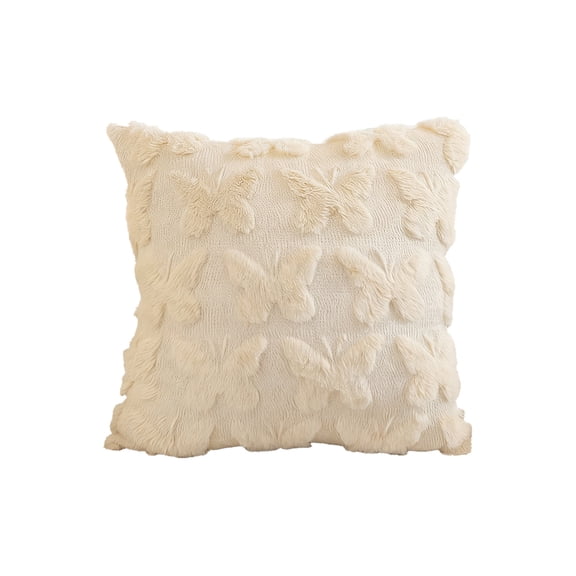 Beige Plush Throw Pillow Cover With Butterfly Print For Sofa Couch Living Room Bedroom Decor 45X45Cm