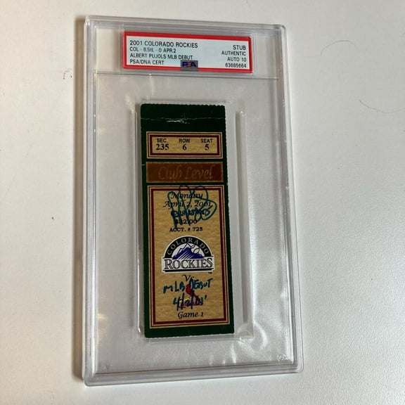 Albert Pujols Signed MLB Debut  1st Hit Ticket April 2, 2001 PSA DNA Auto 10