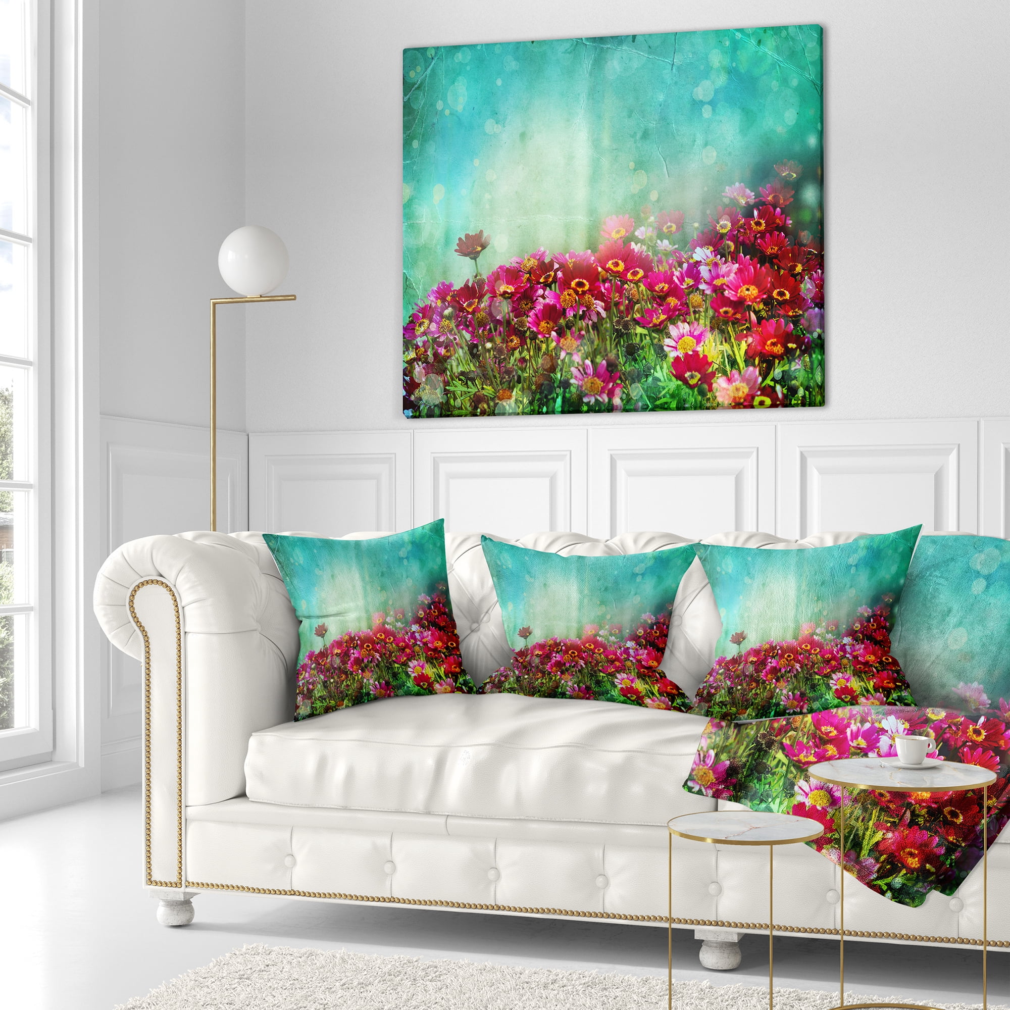 Designart Little Red and Pink Flowers on Blue - Floral Throw Pillow - 16x16