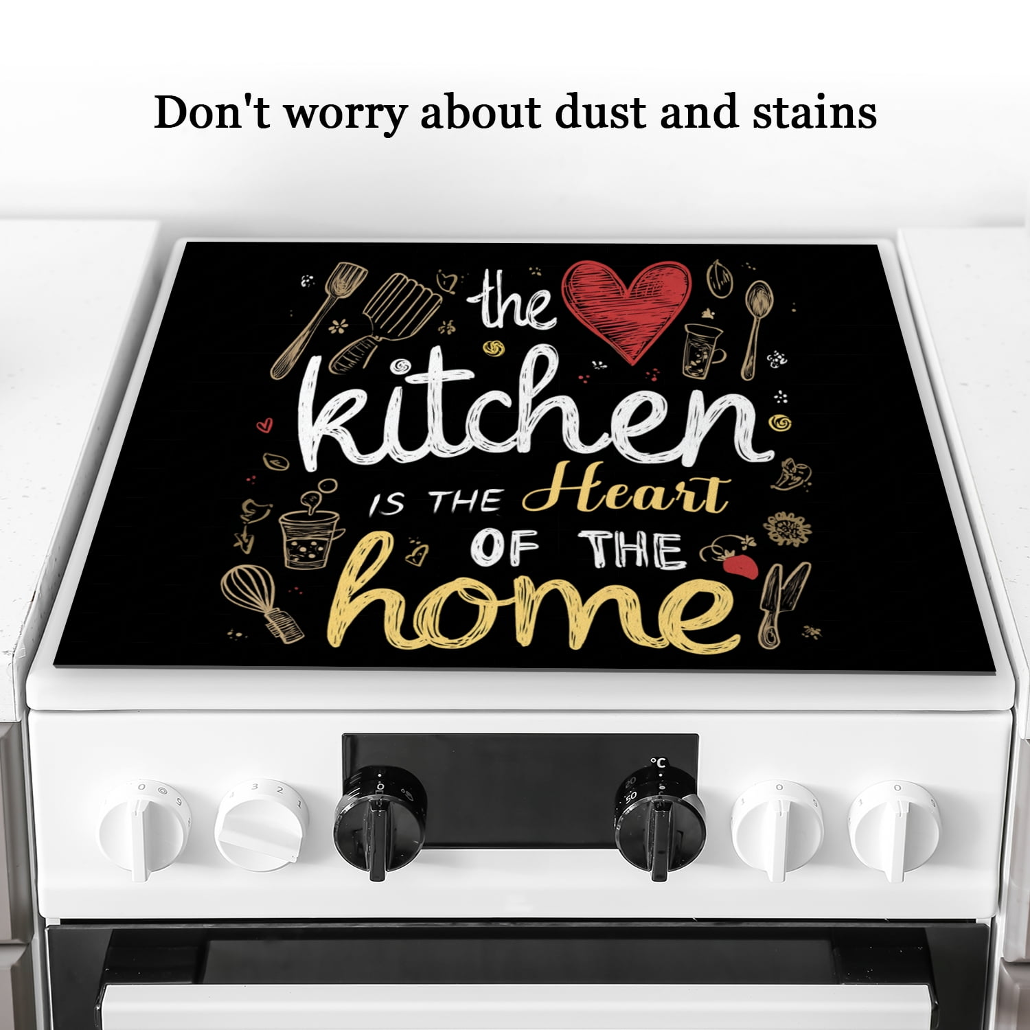 Square Stovetop Covers for Glasstop Stoves, Kitchen is The Heart of The Home Heart Print Non-slip Cooktop Cover, Washable Ceramic Stove Top Protector Mat for Kitchen RV (28×20 Inch)