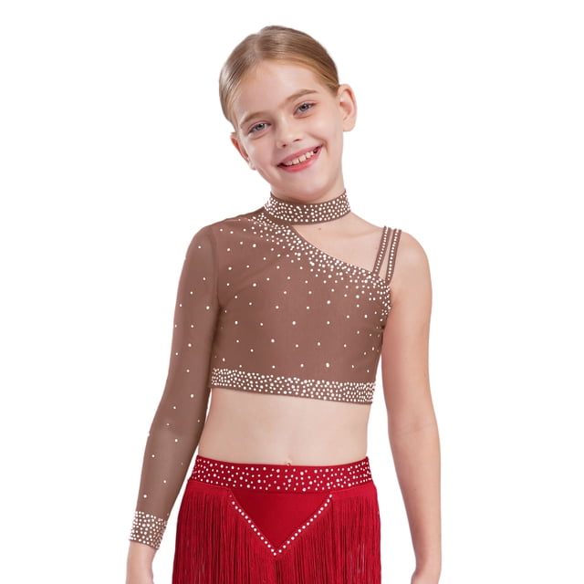 Manyakai Kids Girls Shiny Rhinestone Jazz Latin Modern Lyrical Dance Crop Tops Irregular Shoulder Dusty Pink 12
