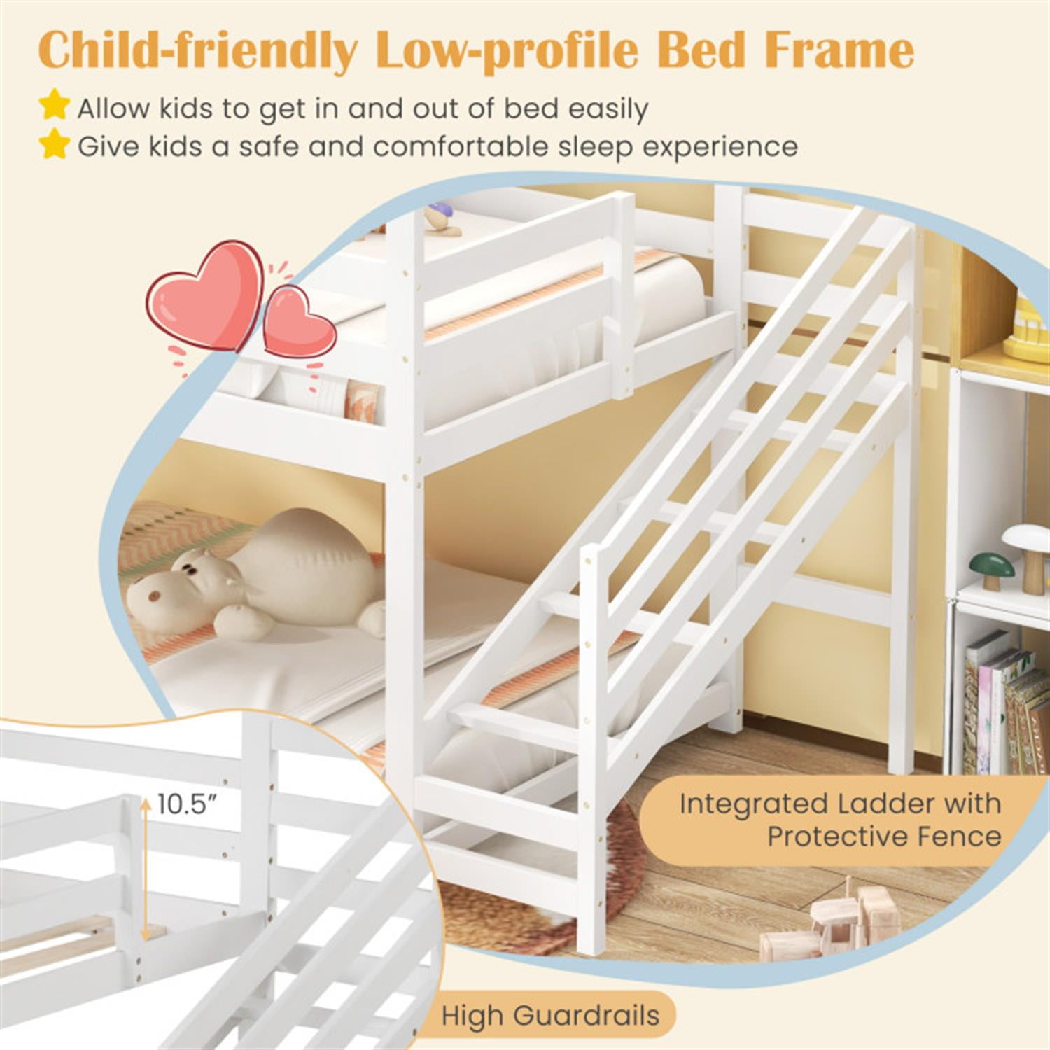 Demi Bonn Twin Over Twin Bunk Bed with Stairs and Roof, Twin Bunk Beds, Space-saving Solid Wood House Bed Frame, White