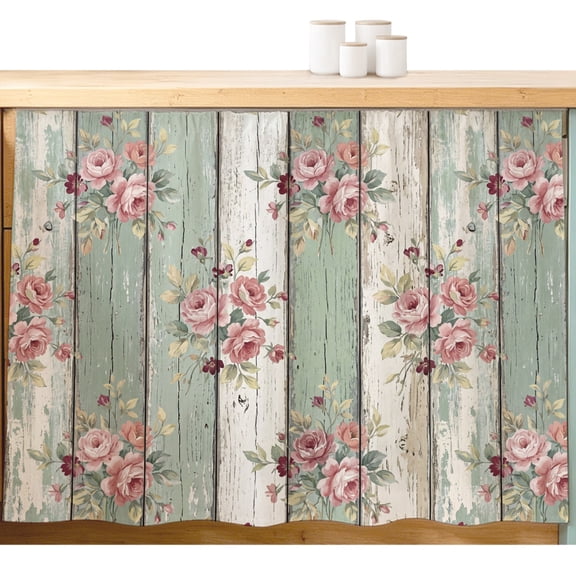 Sage Green Wooden Small Cabinet Curtain 11''x13'', Farmhouse Pink Florals Distressed Bathroom Sink Skirt for Kitchen Vanity Pedestal, Laundry Privacy Drape Waterproof Dishwasher Curtains