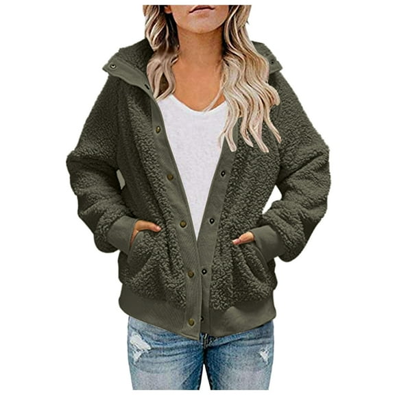felwors Women's 2025 Winter Long Sleeve Button Sherpa Jacket Coat Pockets Warm Fleece Army Green, S
