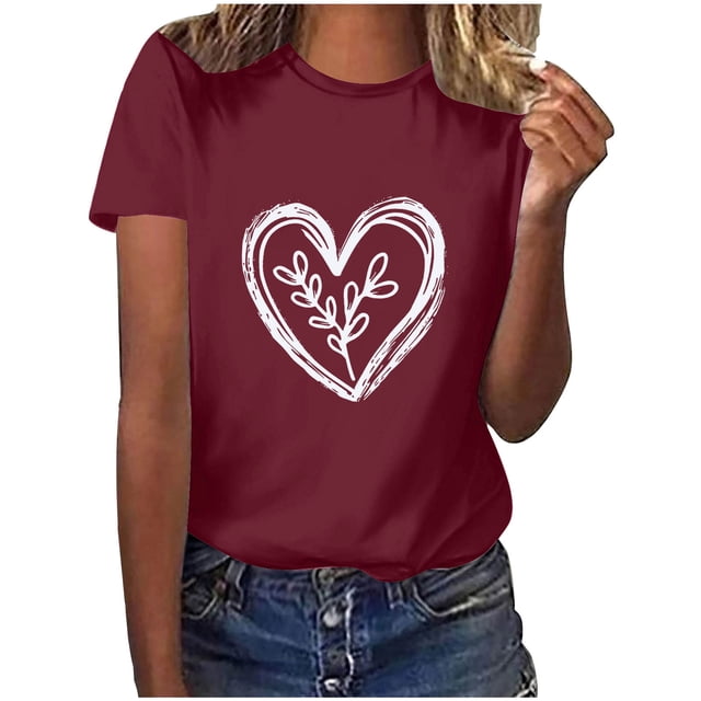 Diufon Hauts de la Saint-Valentin pour Femmes, Tunique Décontractée à Manches Courtes, Chandail à Col Rond, Blouse Tendance Mignonne à Imprimé Graphique