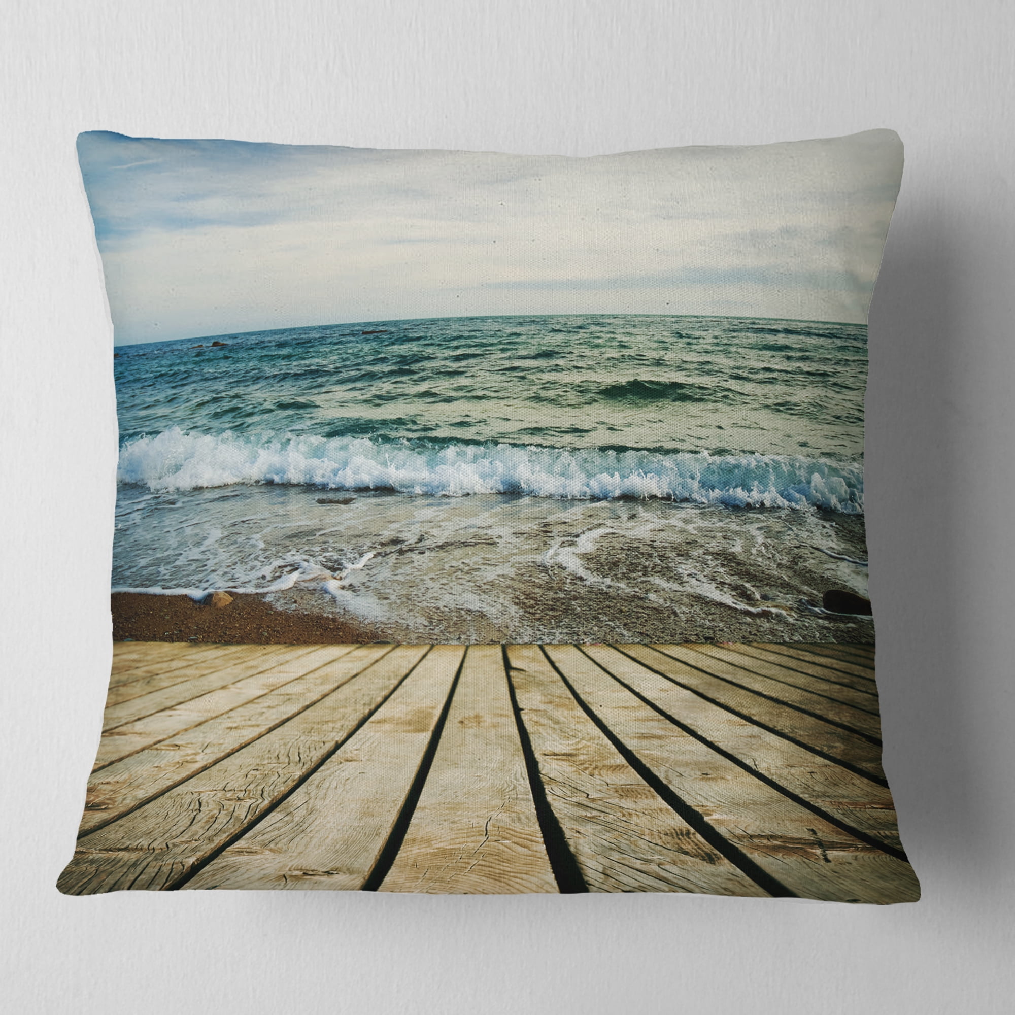 Designart Wooden Pier in Waving Sea - Seascape Throw Pillow - 18x18