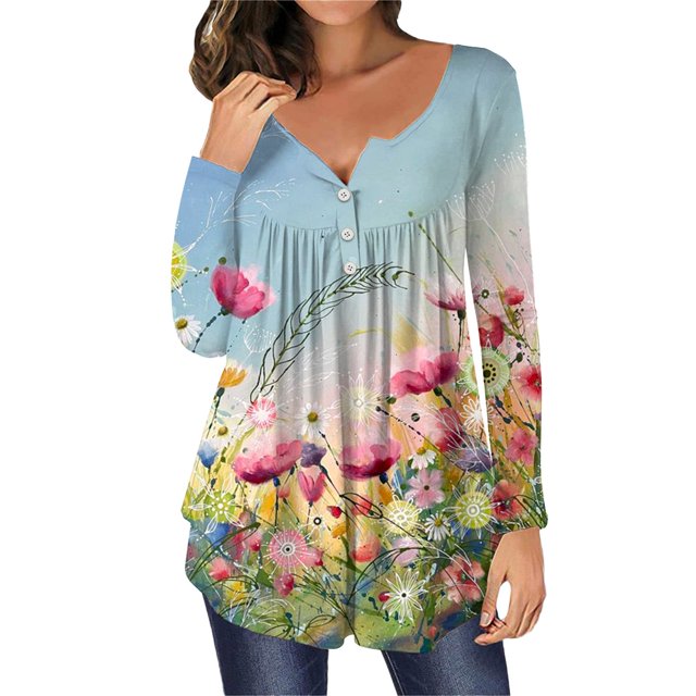 Gibobby Blusas De Moda Túnica para mujer Tops estampados Hide Belly Túnica Lo Tus Forma de Camisetas de manga larga Cute Flowy Henley Camiseta Blusas elegantes casuales para polainas(Azul, XL)