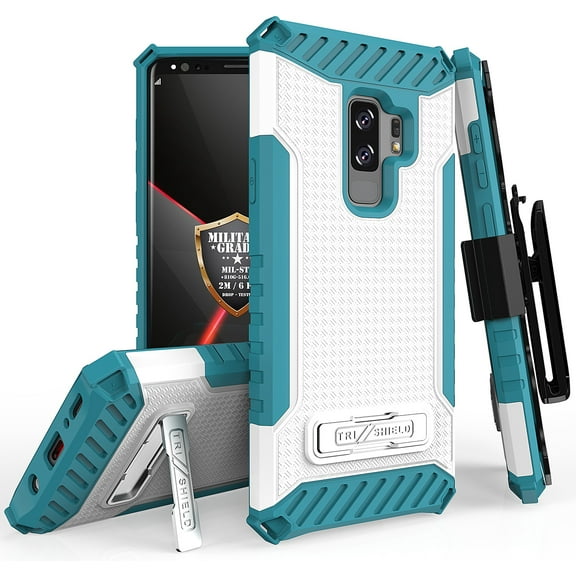 Case with Clip for Galaxy S9 Plus, Tri-Shield Rugged Hybrid Cover with Belt Hip/Holster Combo [with Magnetic Kickstand] and [Bonus Lanyard Wrist Strap] for Samsung Galaxy S9  (SM-G965)