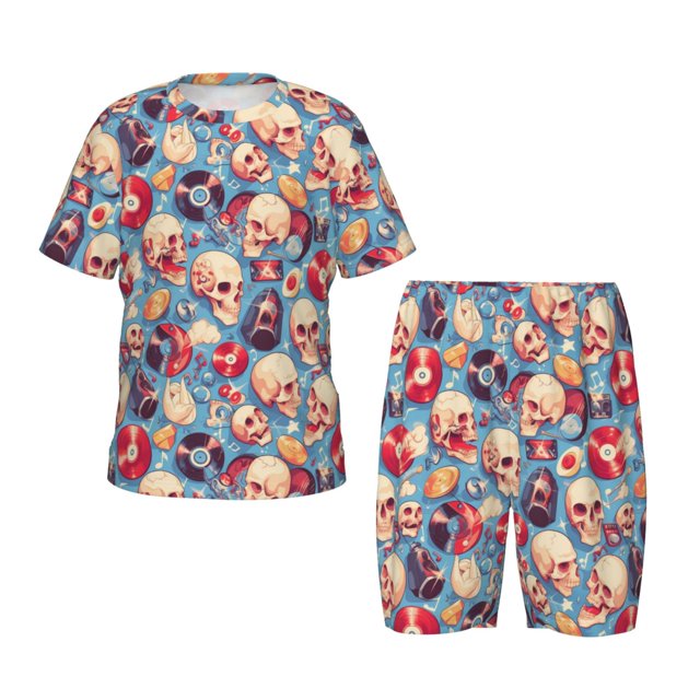 Balery music Skull record Retro Conjunto de Pijama Infantil de Manga Corta con Estampado – Ropa de Dormir de Algodón Suave-Small