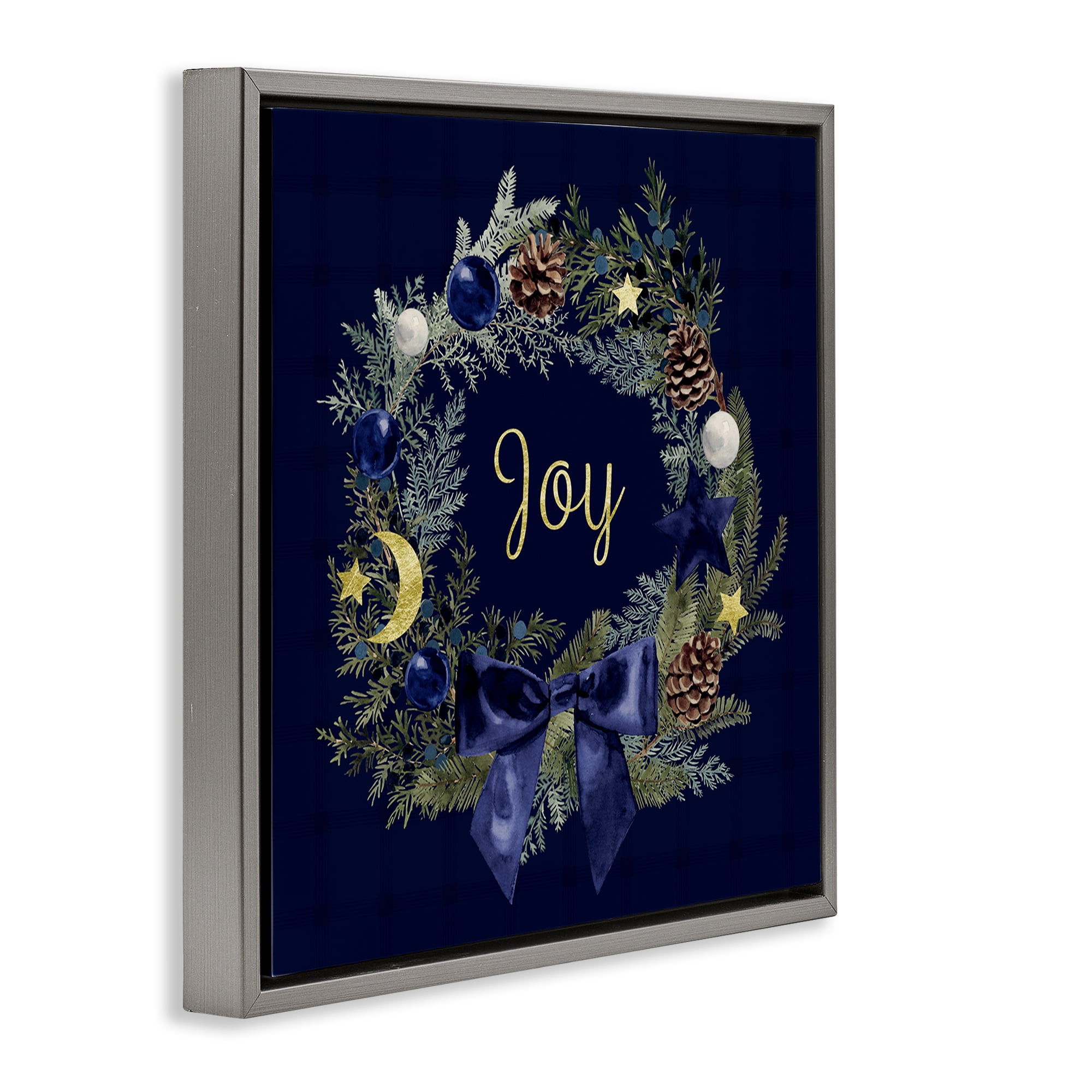 Stupell Industries Joy Holiday Wreath Holiday Painting Gray Floater Framed Art Print Wall Art, 25 x 25