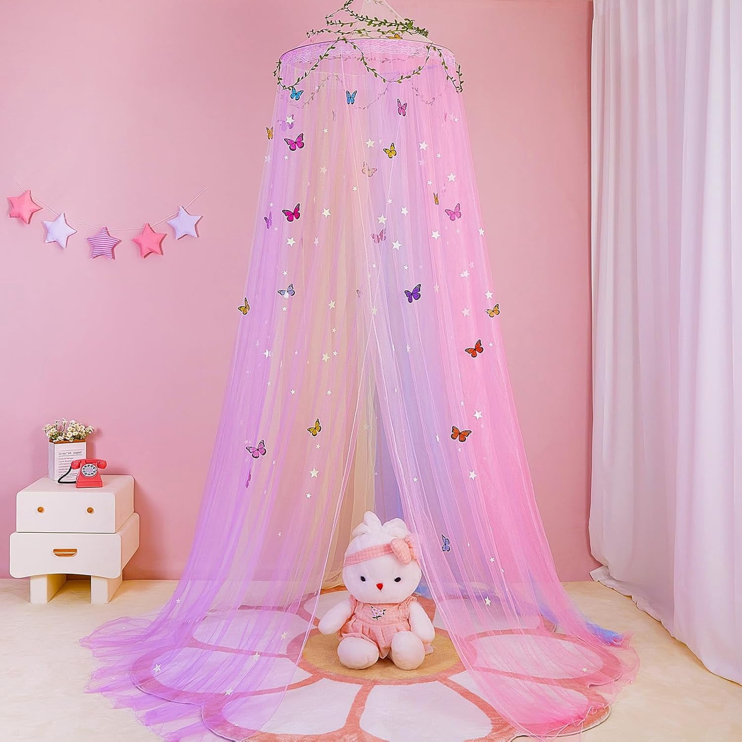 CAILDANL Bed Canopy for Girls Room Bed Canopy Curtains with Led Lights Mosquito Net DIY Princess Room Décor with Stars Butterflies for Kids Bedroom, Hot Pink
