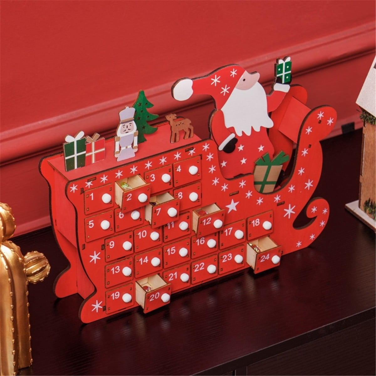 Santa Sleigh Christmas Advent Calendar 24-Day Drawer Style Countdown Decor for Desks Mantles Fireplaces Holiday Treat Storage Red