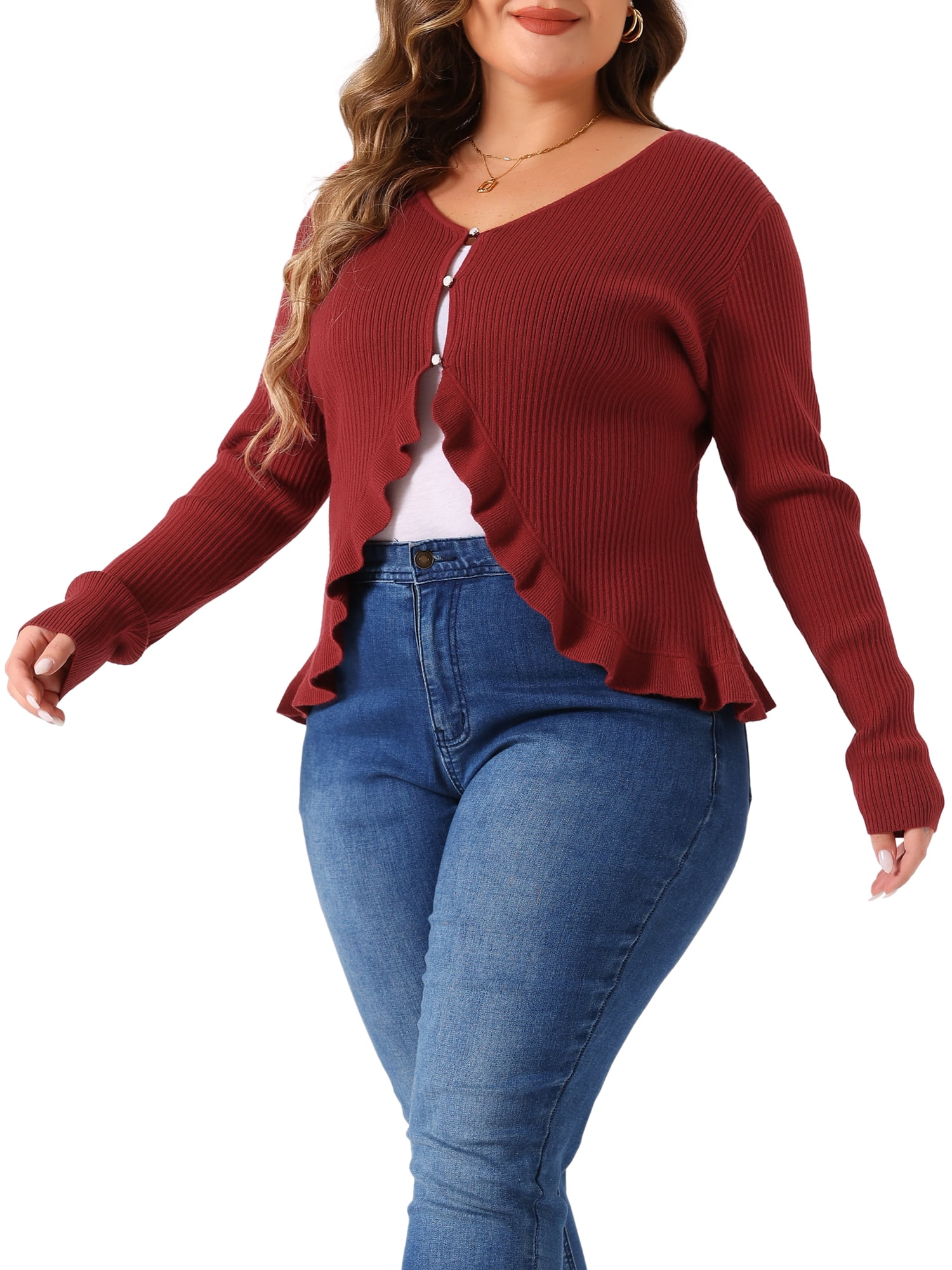 DARING DIVA Plus Size Knit Open Front Ruffled Button Cardigan 3X Burgundy