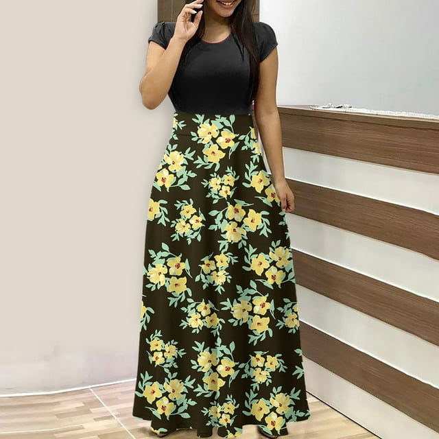 Fshaion Robe d'Été pour Femmes 2024 Grande Taille Teinture sur Nœuds Colorée Longue Robe à Imprimé Floral Plage Décontractée Maxi Robe d'Été Liquidation à Moins de 10!