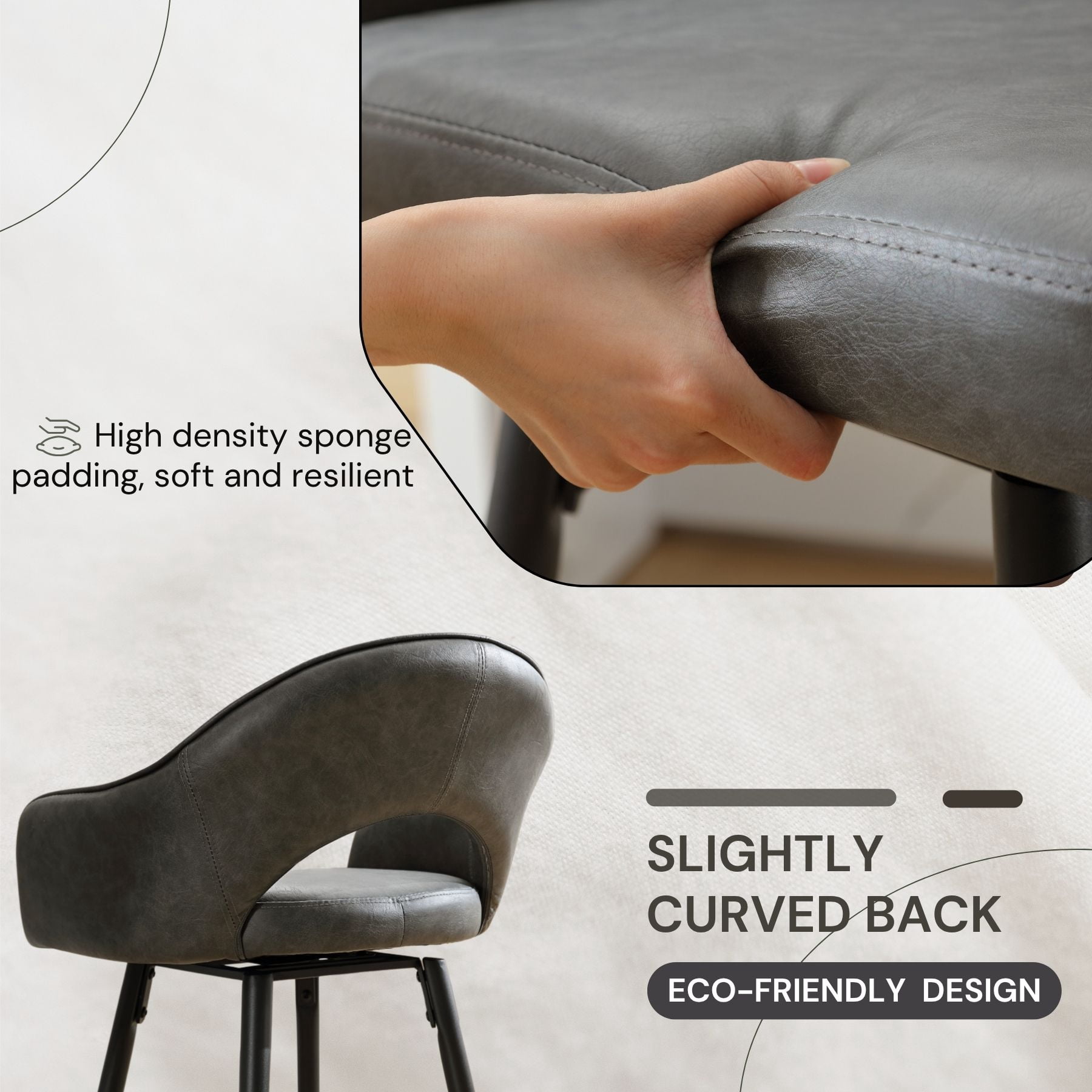 27" Modern Swivel Bar Stools Set of 2, PU Upholstered Counter Height Stools with Metal Legs, Hollow Curved Backrest for Kitchen Island, Home Bar, Bistro,Grey