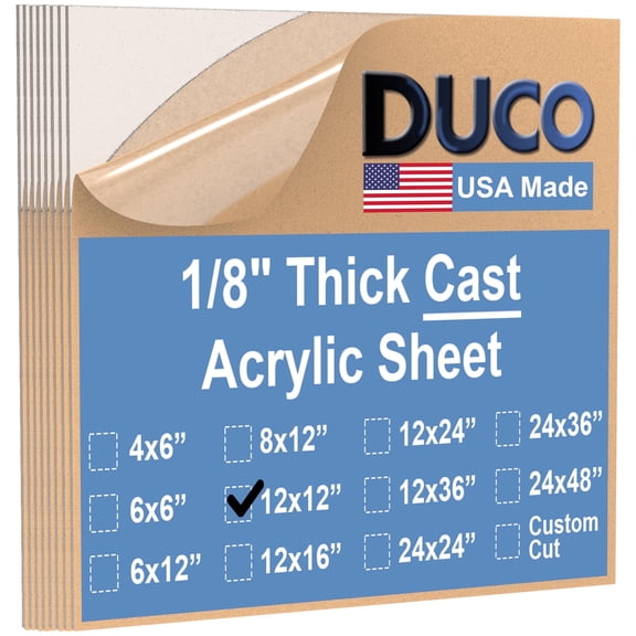 Duco USA-Made Clear Cast Acrylic Sheet 1/8 Inch Thick 12" x 12" - 8 Pack of Transparent Plexiglass Sheet - Lightweight Acrylic Board for Window Replacements, Displays, Signs, and More