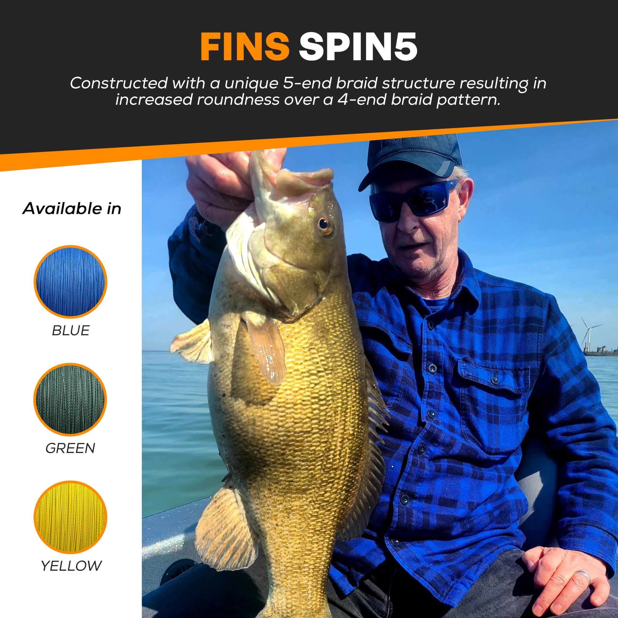 FINS Spin5 5-End Braided Fishing Line for Spinning & Baitcasting Reels, Blue 65 lb 4000 Yds