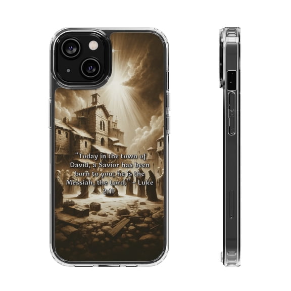 DistinctInk Hybrid (Acrylic / TPU) Clear Slim Fit Case for Apple iPhone 13 MINI (5.4" Screen) - "The Birth of the Savior - Luke 2:11"