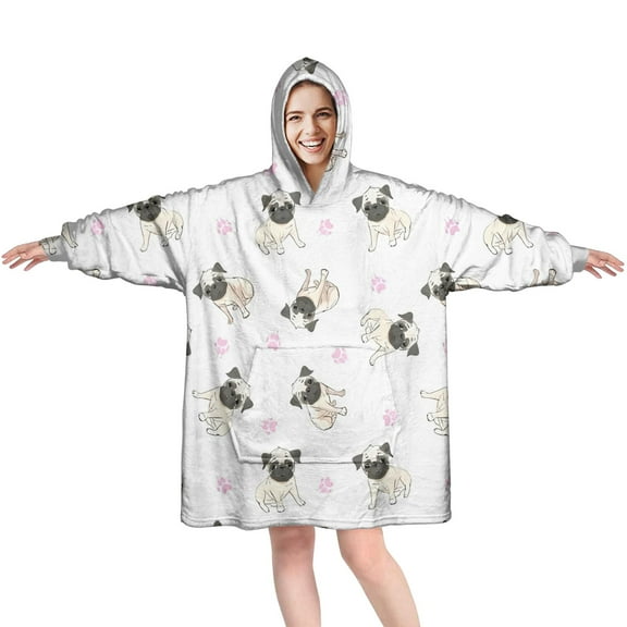 Pug and Footprints Wearable Oversized Blanket,Wearable Blanket Hoodie for Adults,Cozy Hooded Blankets with Super Pockets,Super Warm Fuzzy Pullover for Women & Men