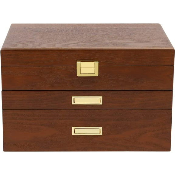 Wooden Jewelry Box for Women, 3 Layers Large Wooden Jewelry Organizer Box Watches Necklace Ring Storage Box for Women (Brown 3 Layer)