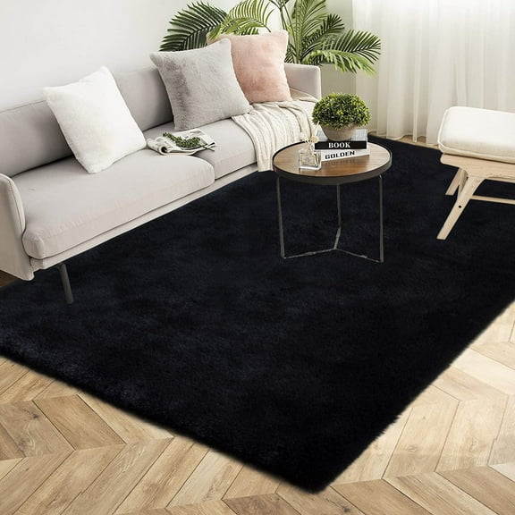 Latepis Black Faux Fur Rug 4x6, Faux Rabbit Fur Rug for Living Room, Fluffy Washable Faux fox fur Rug for Bedroom, Nursery, Luxury Room Decor, Black Sheepskin Fur Rug, Rectangle