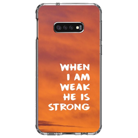 DistinctInk Clear Shockproof Hybrid Case for Samsung Galaxy S10e (5.8" Screen) - TPU Bumper, Acrylic Back, Tempered Glass Screen Protector - When I Am Weak, He Is Strong - Christ