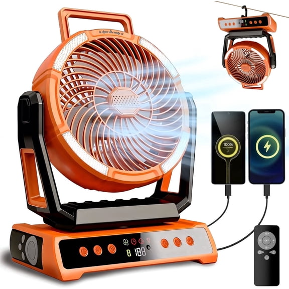 Camping Fan - 20000mAh Battery Powered Fan Rechargeable with LED Lantern - Portable Outdoor Tent Fans with Hanging Hook 8 Speeds Wind Remote Control