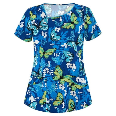 

Winter Savings 2022! Plus Size Scrubs Tops for Women Women s Short Sleeve Butterfly Print Nurse Workwear Medical Scrubs Working Uniform Mock Wrap Top with Pockets