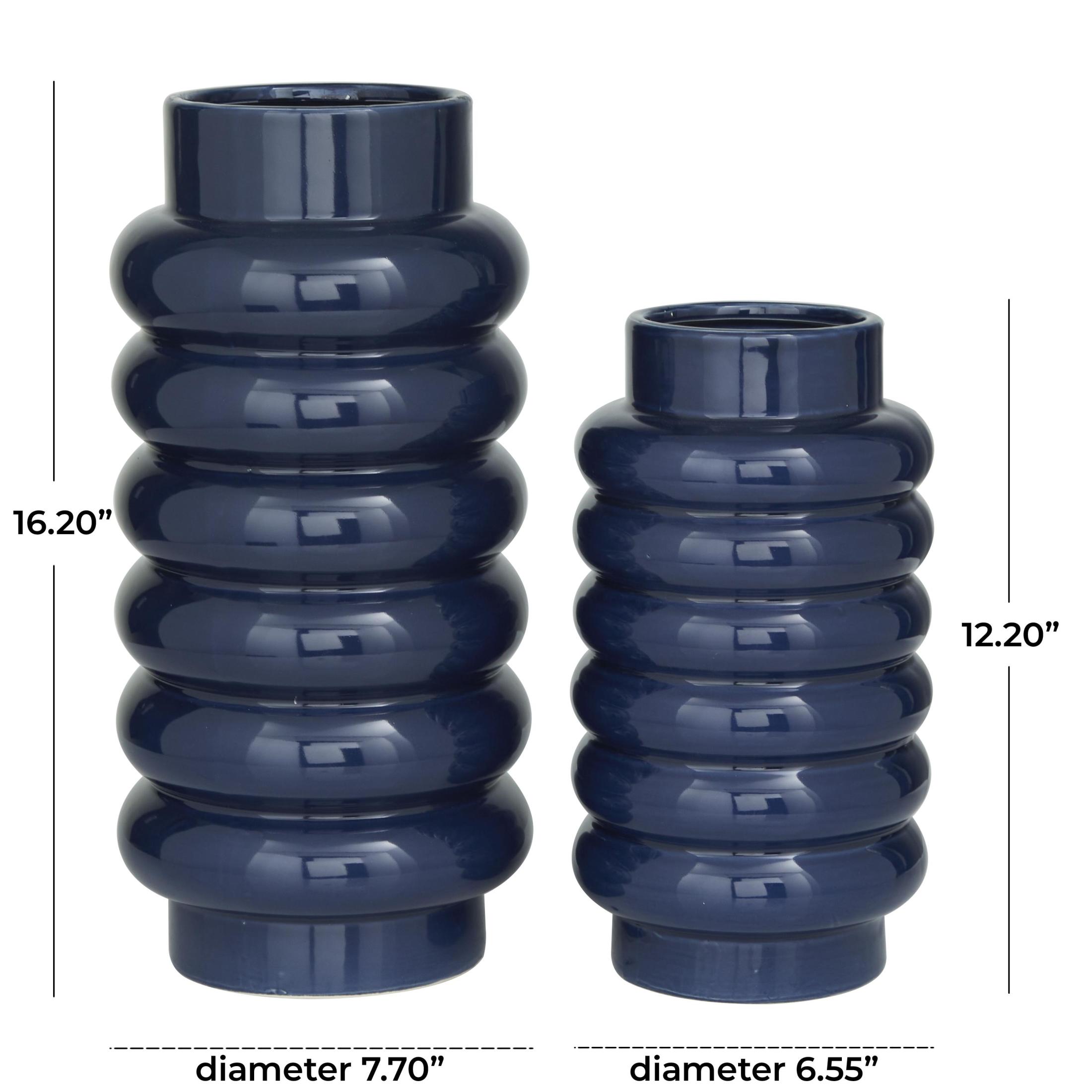CosmoLiving by Cosmopolitan 16", 12"H Dark Blue Ceramic Vase with Stacked Ring Design, Set of 2