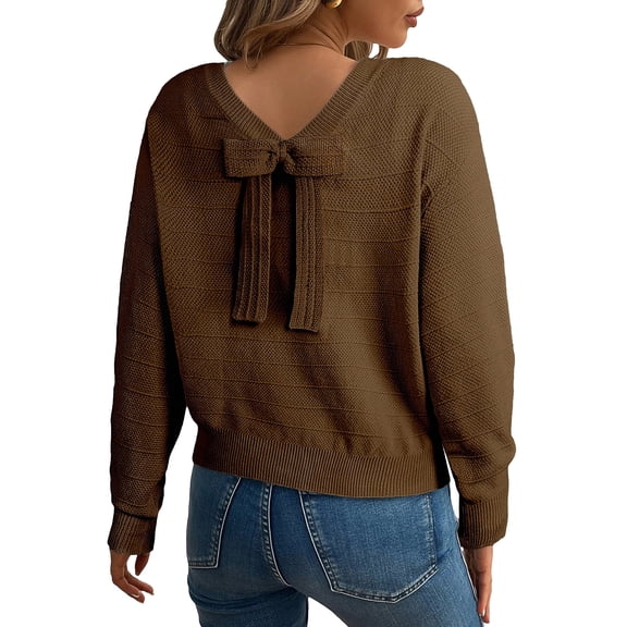 Eytino Sweaters for Women Long Sleeve Fall Back Bow Knot Sweaters Crew Neck Solid Knit Pullover Tops