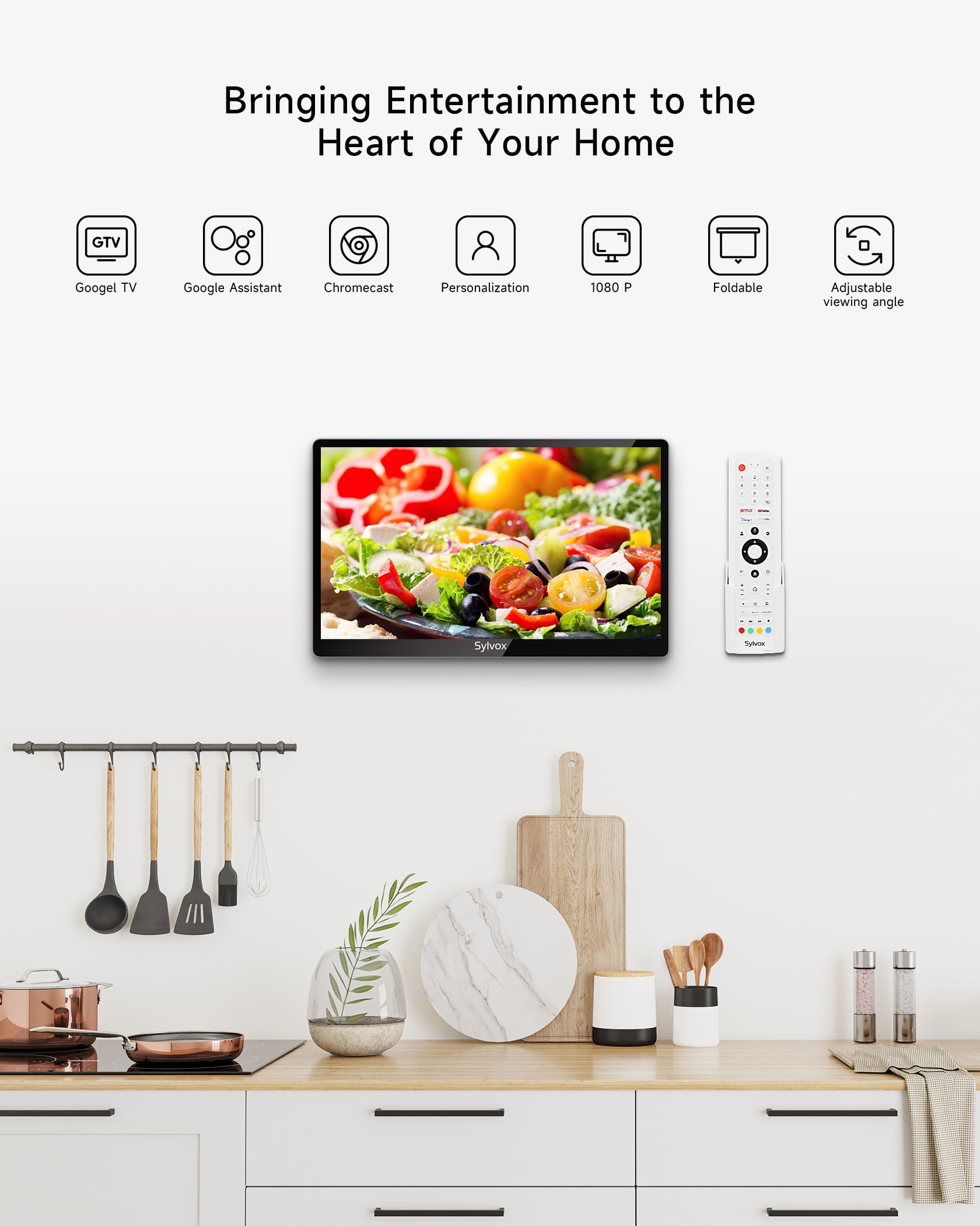 SYLVOX Kitchen TV, 15.6 inch Smart TV with Google System, 1080P FHD Small TV Rotated & Foldable Support Google Assistant WiFi Bluetooth Under Cabinet TV for Kitchen, Bedroom, RV Camper (Mini Smart)