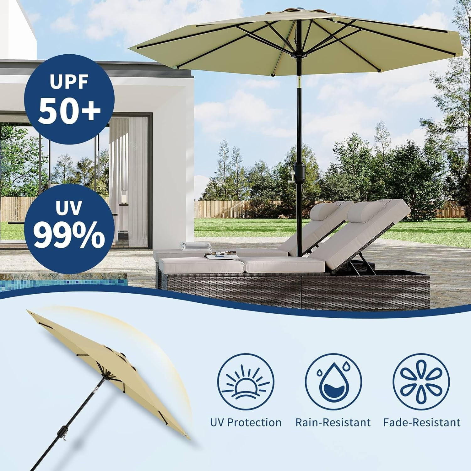 Home Outdoor 10ft Patio Umbrella, Table Umbrella Patio with Crank Lift & Push Button Tilt, 8 Sturdy Ribs Table Umbrella, Market Umbrella Sturdy Ribs UV Protection Waterproof for GardenYard, Deck, Pool