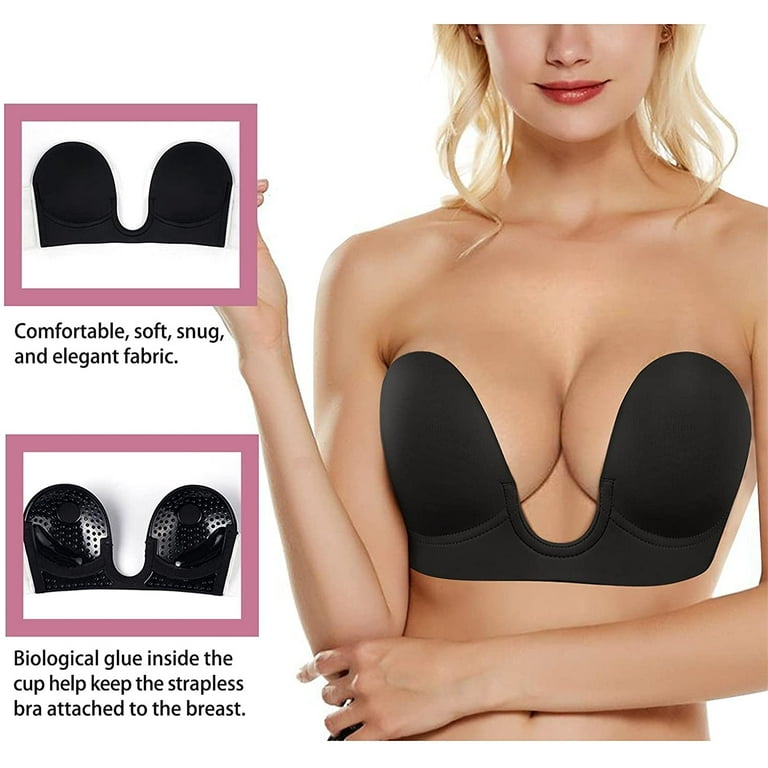 GotolyPlunge Strapless Sticky Push Up Bra Backless Adhesive Invisible, with  Nipple Covers(Black Medium) 