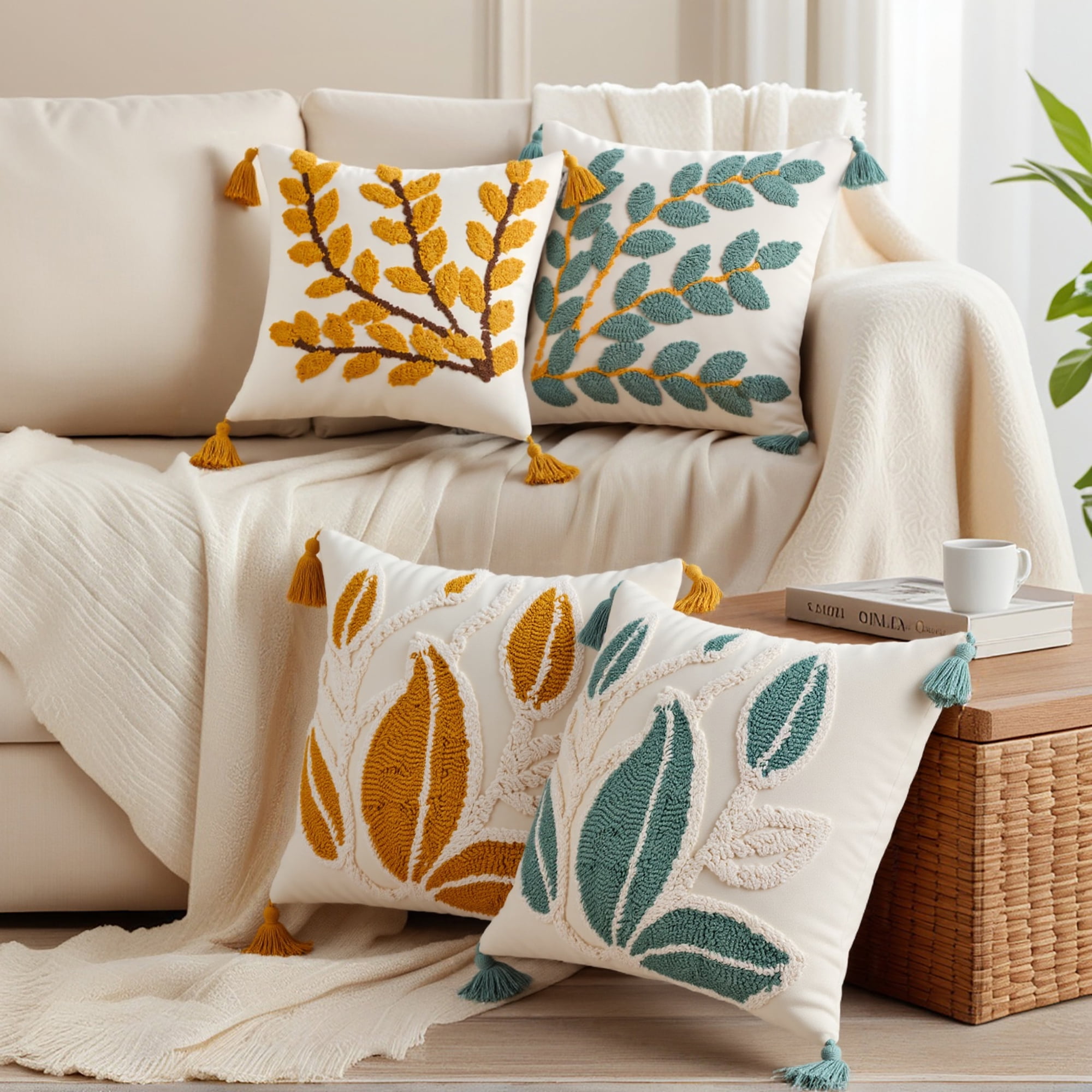 Unique Bargains Boho Pillow Cover with Tassels Set of 2 Yellow Small Leaves 18" x 18"