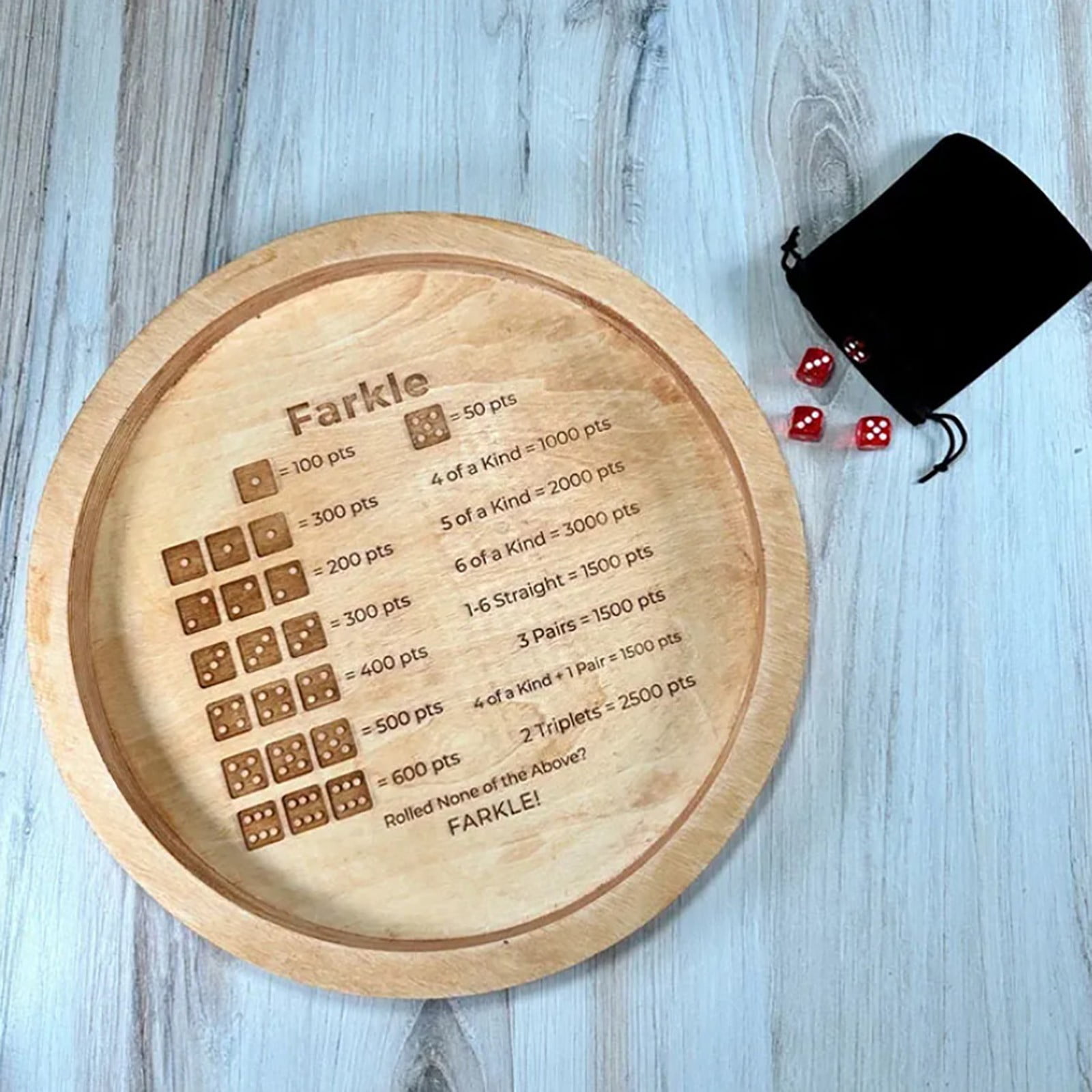 Plateau Farkle En Bois 30 Cm – Set Complet Avec 6 Dés, Bloc De Score, 4 Marqueurs & Sac à Dés – Jeu Classique Familial