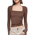 thumbnail image 1 of Gupgi Women Long Sleeve Crop Tops Solid Color Square Neck Slim Fitted T-Shirts Spring Tops, 1 of 7