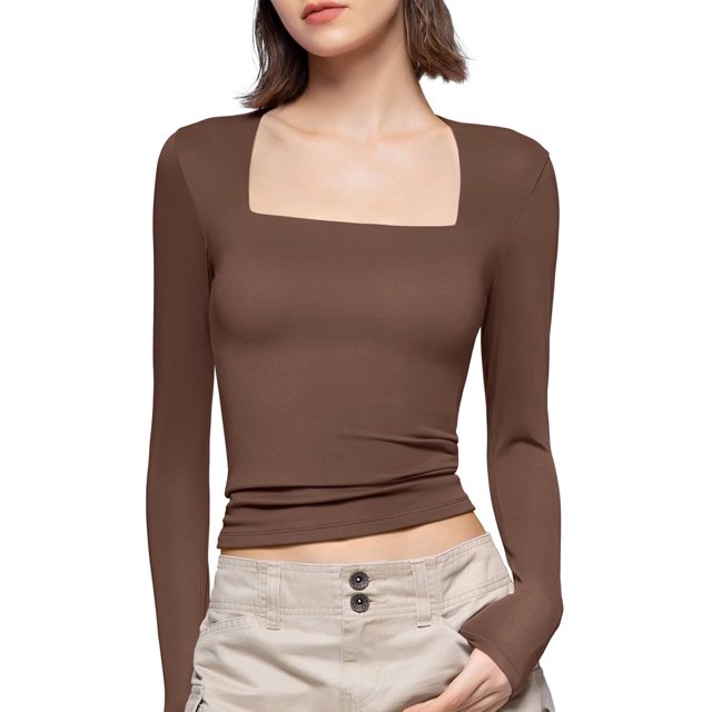 Gupgi Women Long Sleeve Crop Tops Solid Color Square Neck Slim Fitted T-Shirts Spring Tops