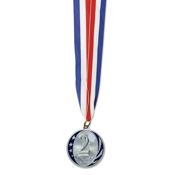 Party Central Club Pack of 12 Silver and Red Second Place Medal with Ribbon Party Favors 32"