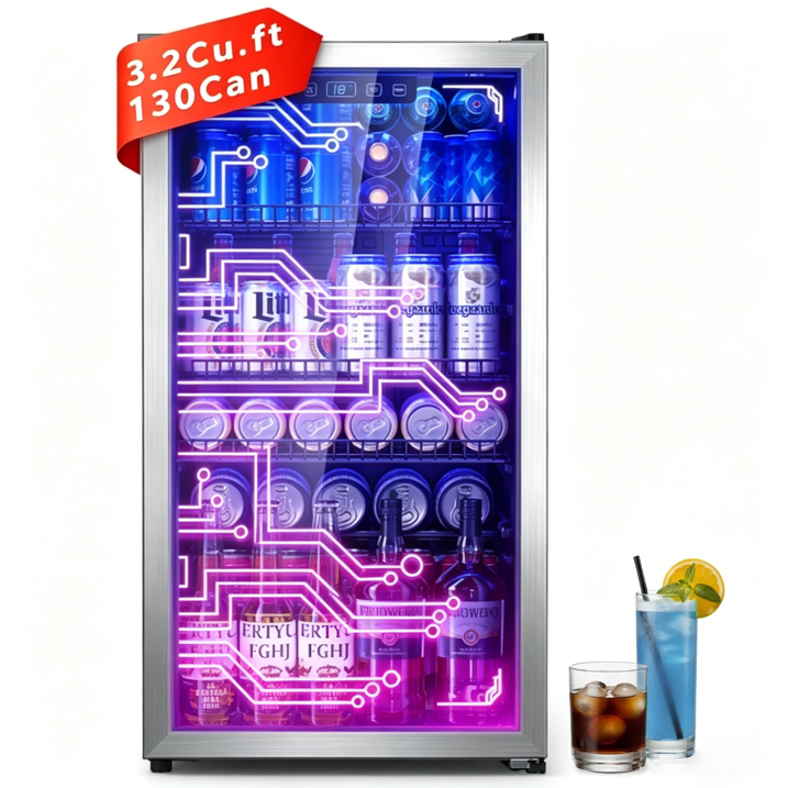 Nepsam Light Up Beverage Refrigertor, Led Lighting Door 120 Cans Freestanding Beverage Fridge, Cyberpunk Beverage Cooler for Gaming, Gaming Room, Bar, Party